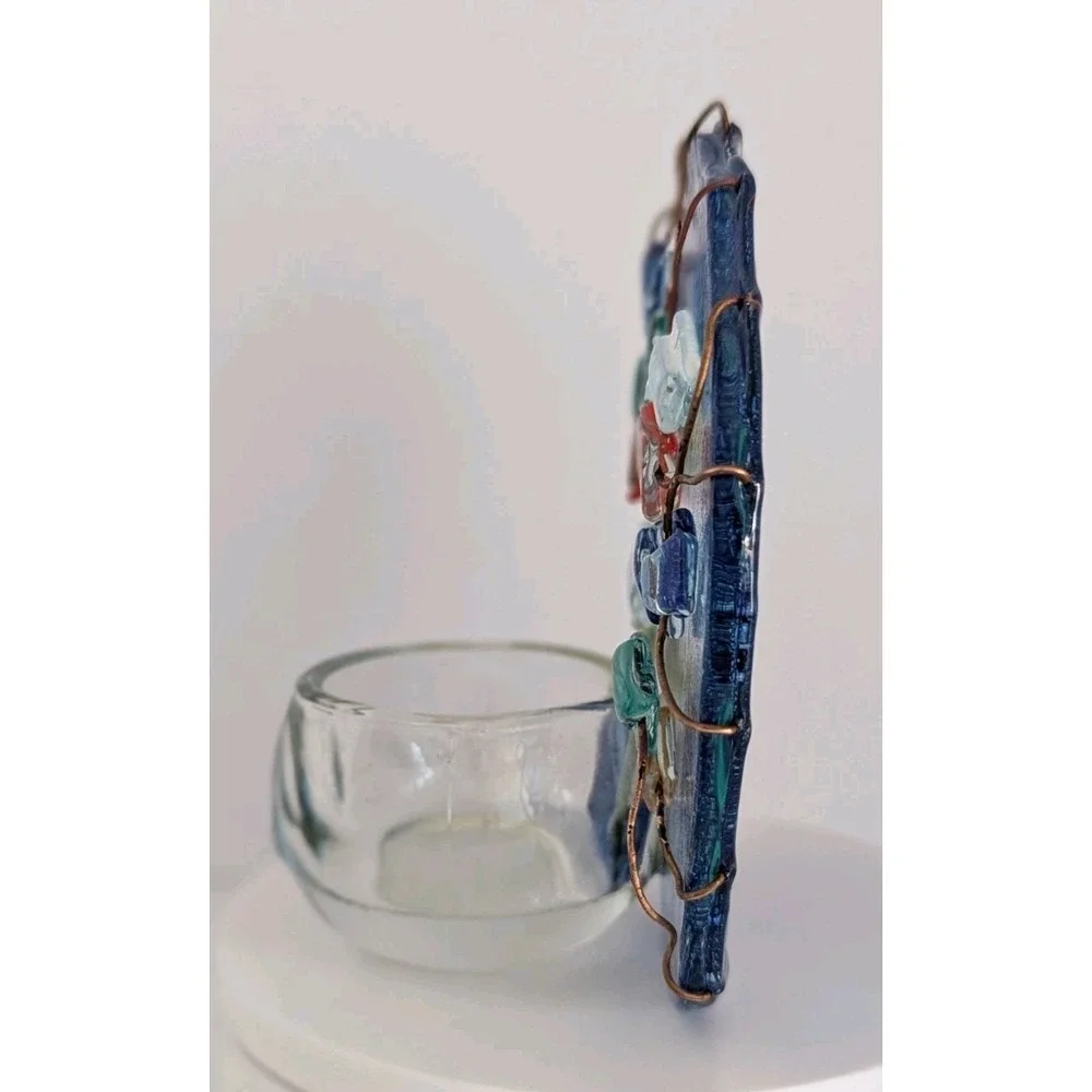 Art Glass Votive Candle Holder Handmade Multicolor Blue Fused Glass 4.5